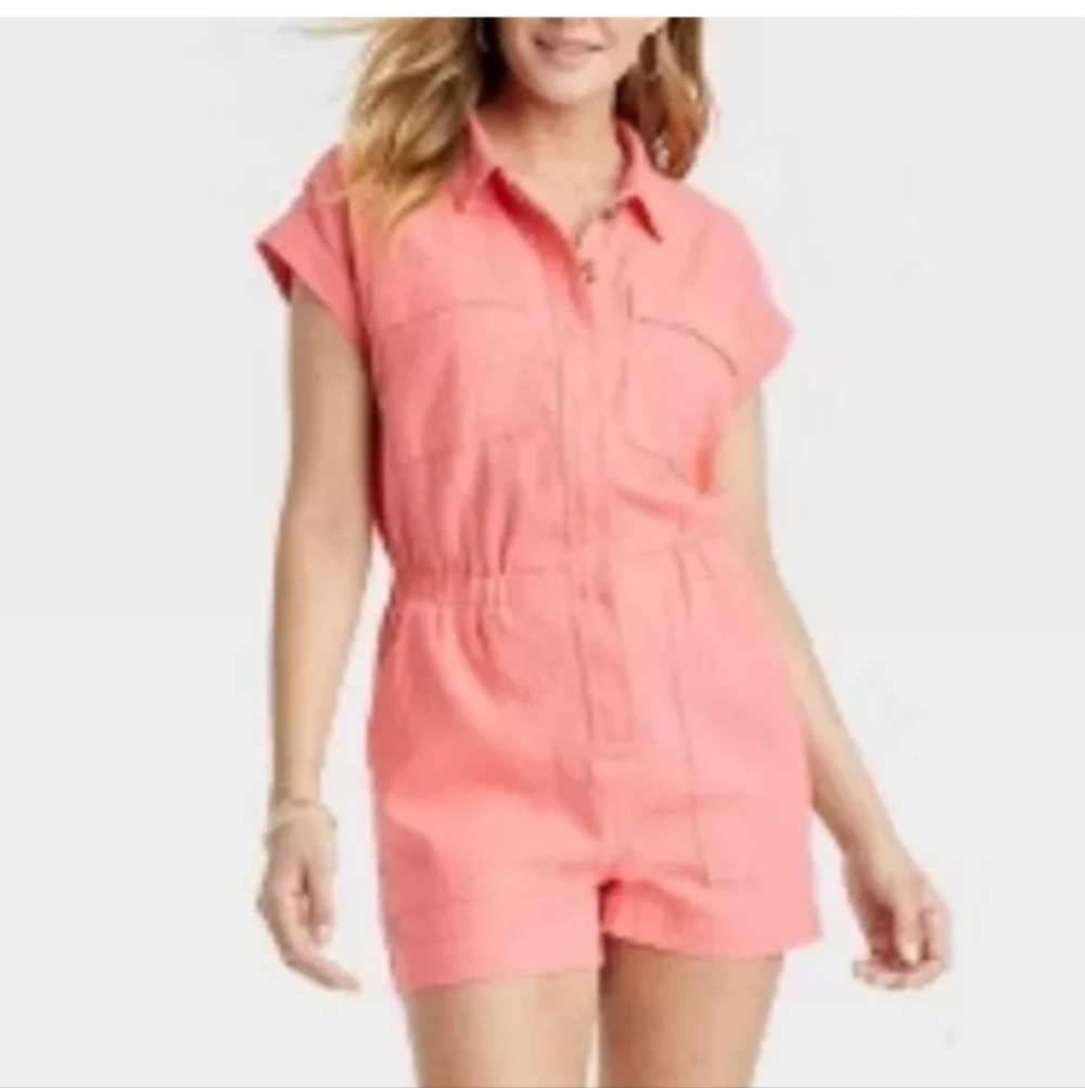 Women's Universal Thread Coral Linen Blend Romper Size 14